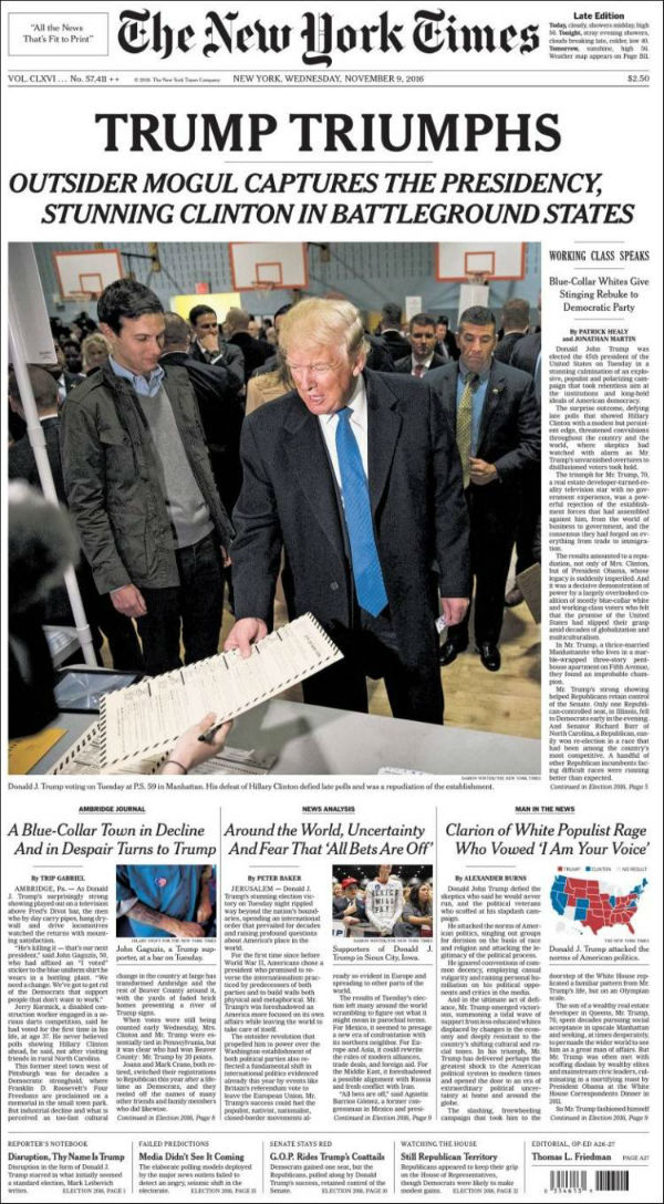 El New York Times es el periódico más popular de la ciudad que lleva su nombre. Recordemos que Hillary obtuvo el triple de votos que Trump en dicho estado. 